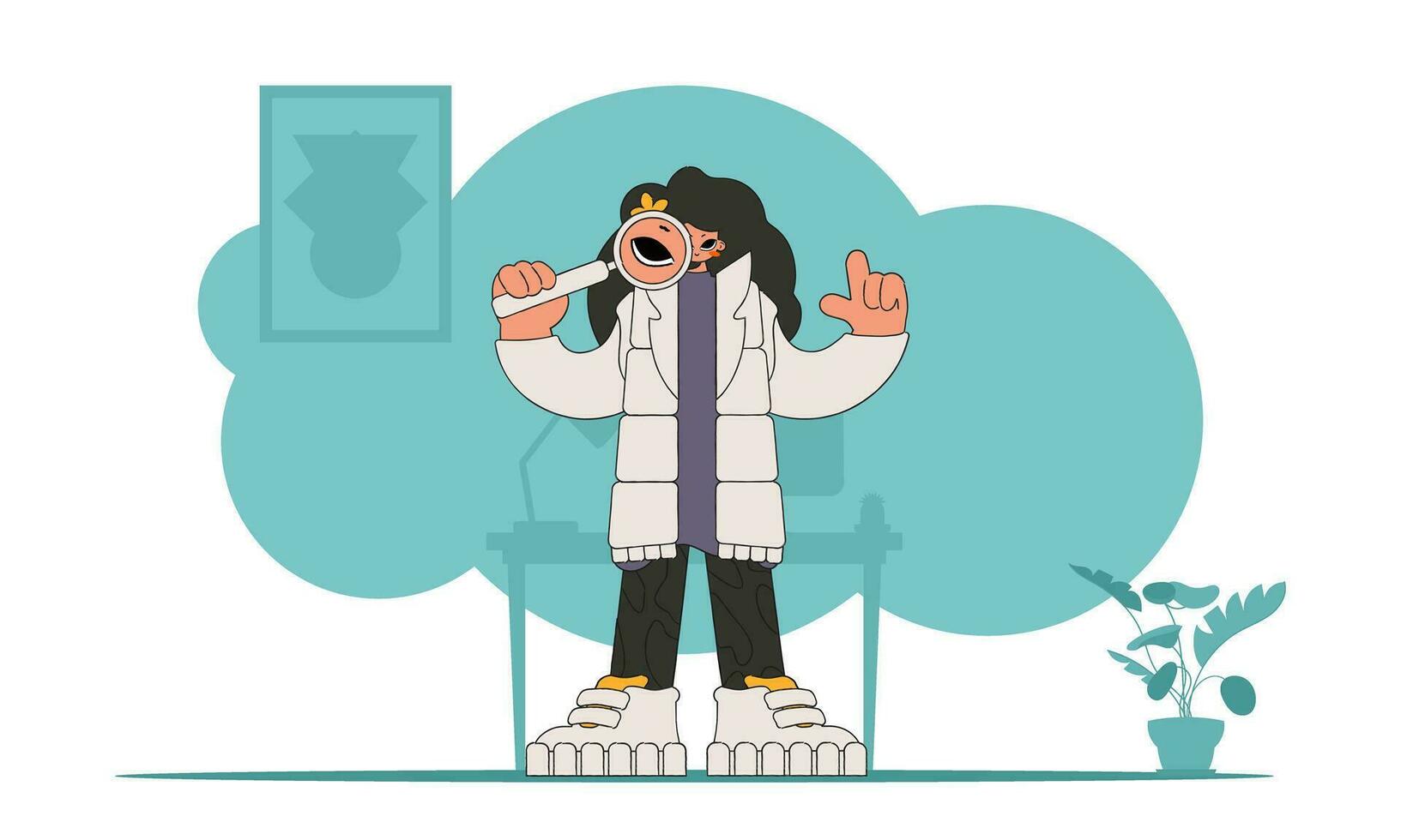 The concept of searching for information. The guy is holding a magnifying glass in his hands. Linear retro style character. vector