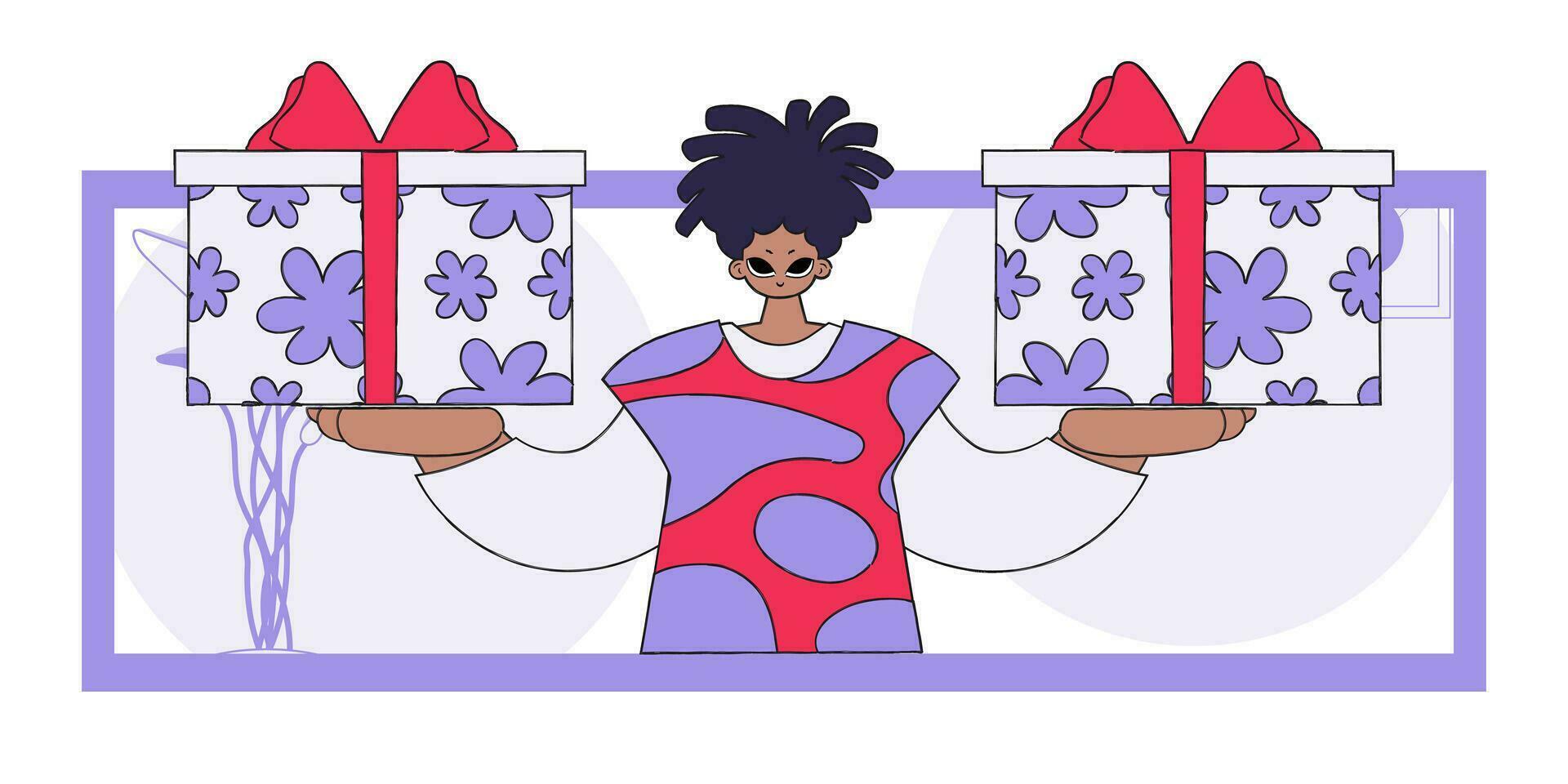 el concepto de el fiesta y regalos. un hombre sostiene dos regalos en su manos. personaje en el estilo de el Años 80 y años 90 vector