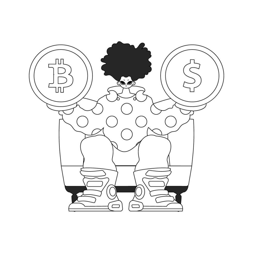 Inspirational man holding bitcoin and dollar coin. Newspaper black and white style. vector