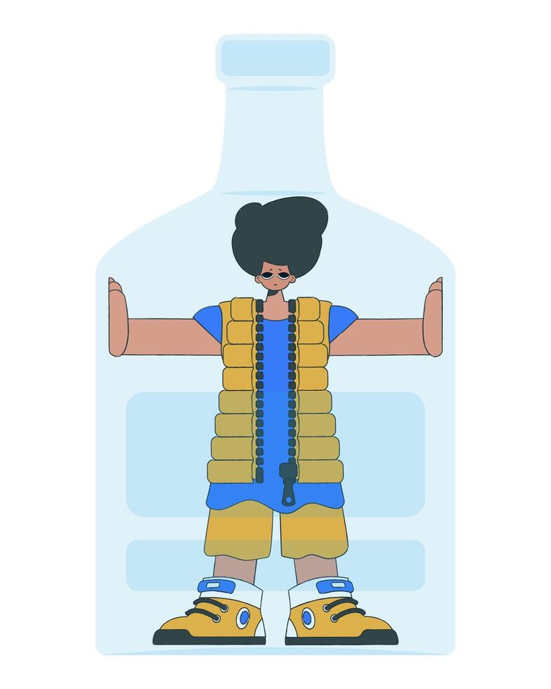 The guy is inside the bottle. Alcohol addiction treatment. vector