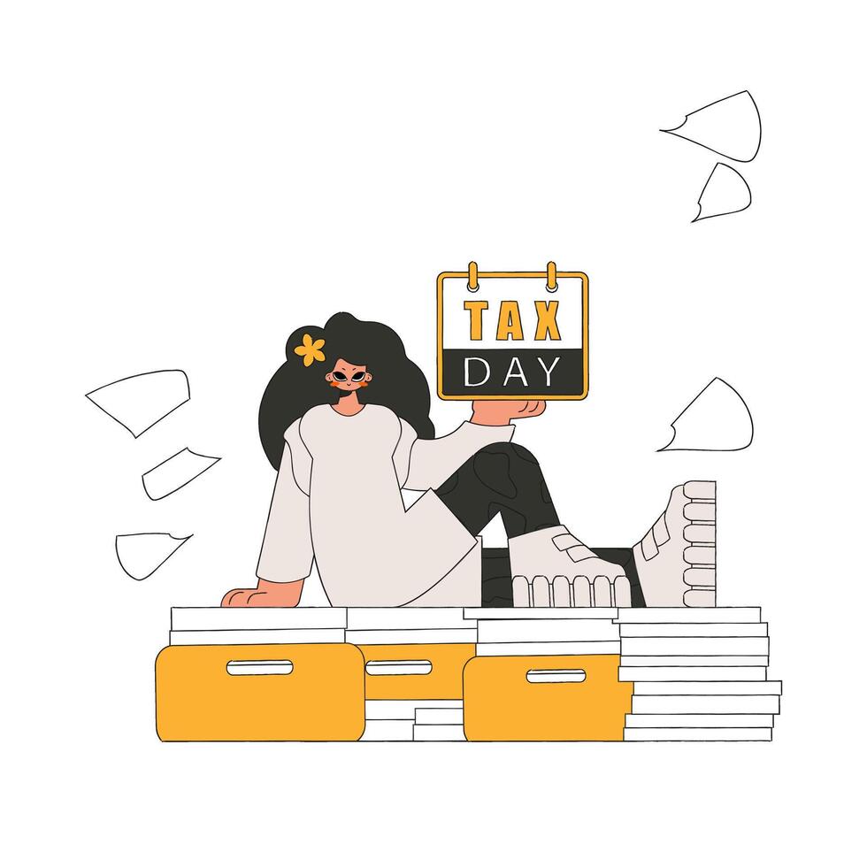 A well-dressed girl holds a calendar in her hand. TAX day. The topic of paying taxes. vector