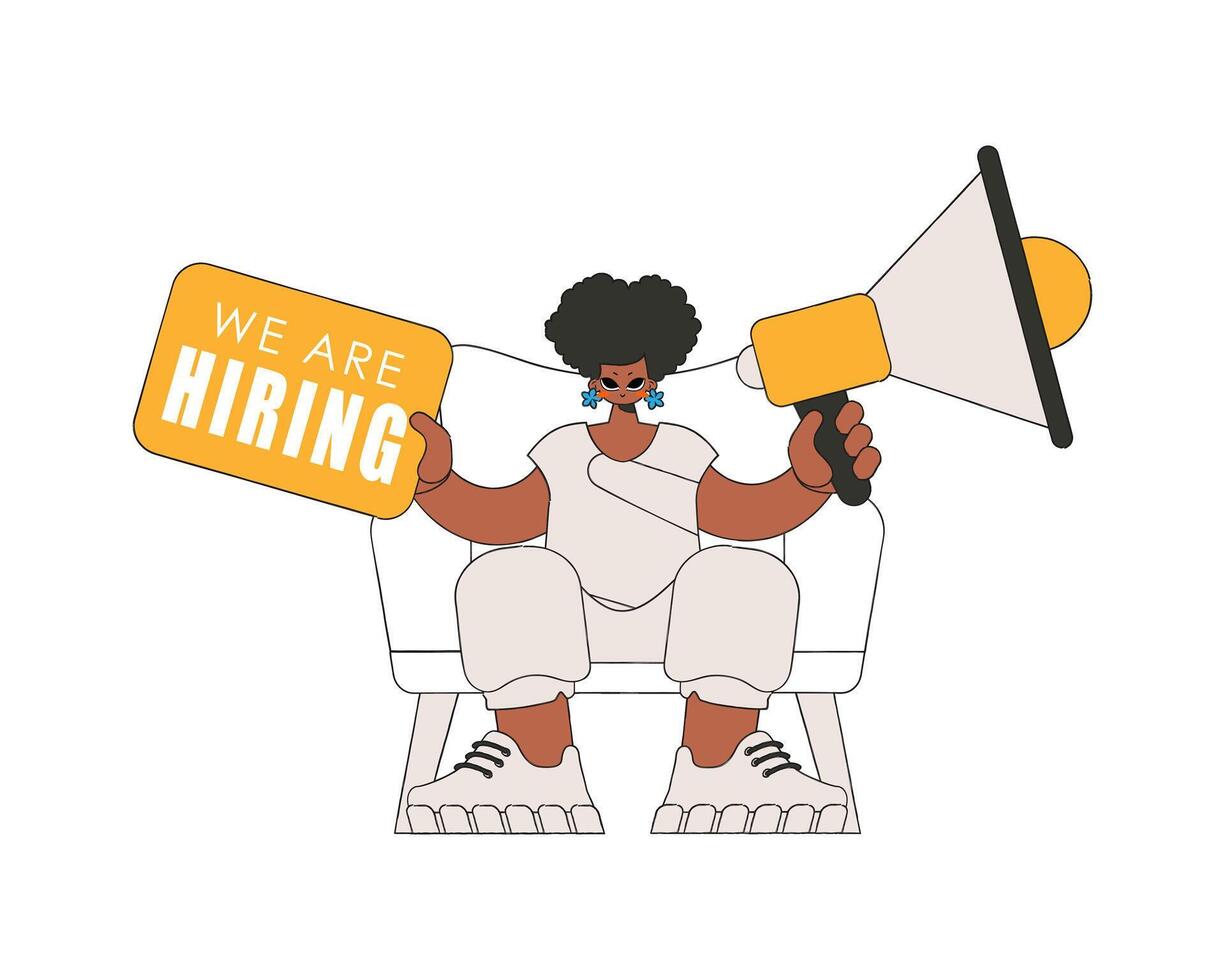 A young girl sits in a chair and holds a megaphone in her hand. Suitable for use in communications or protest thematic projects. vector