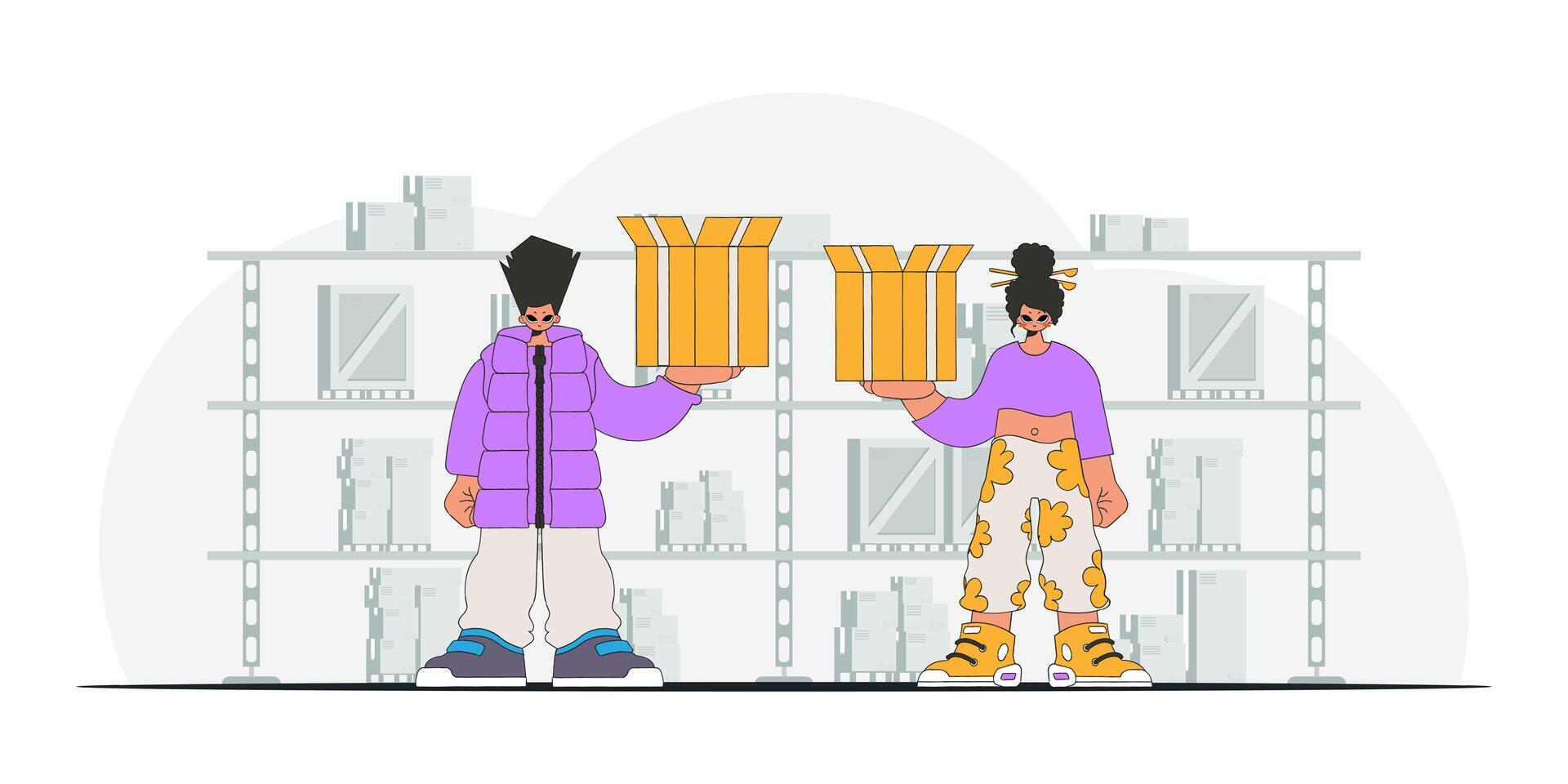 Delightful woman and man are holding boxes. Parcel delivery team. A visual representation of the shipment of deliveries and freight vector