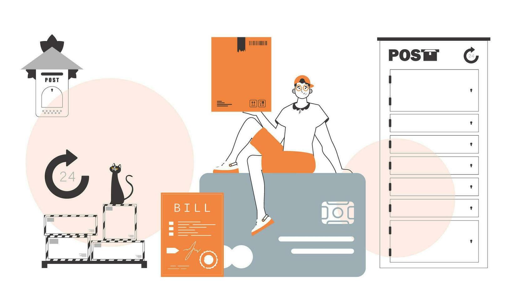 The guy is sitting on a bank card and holding a parcel. Parcel delivery concept. Linear trendy style. vector