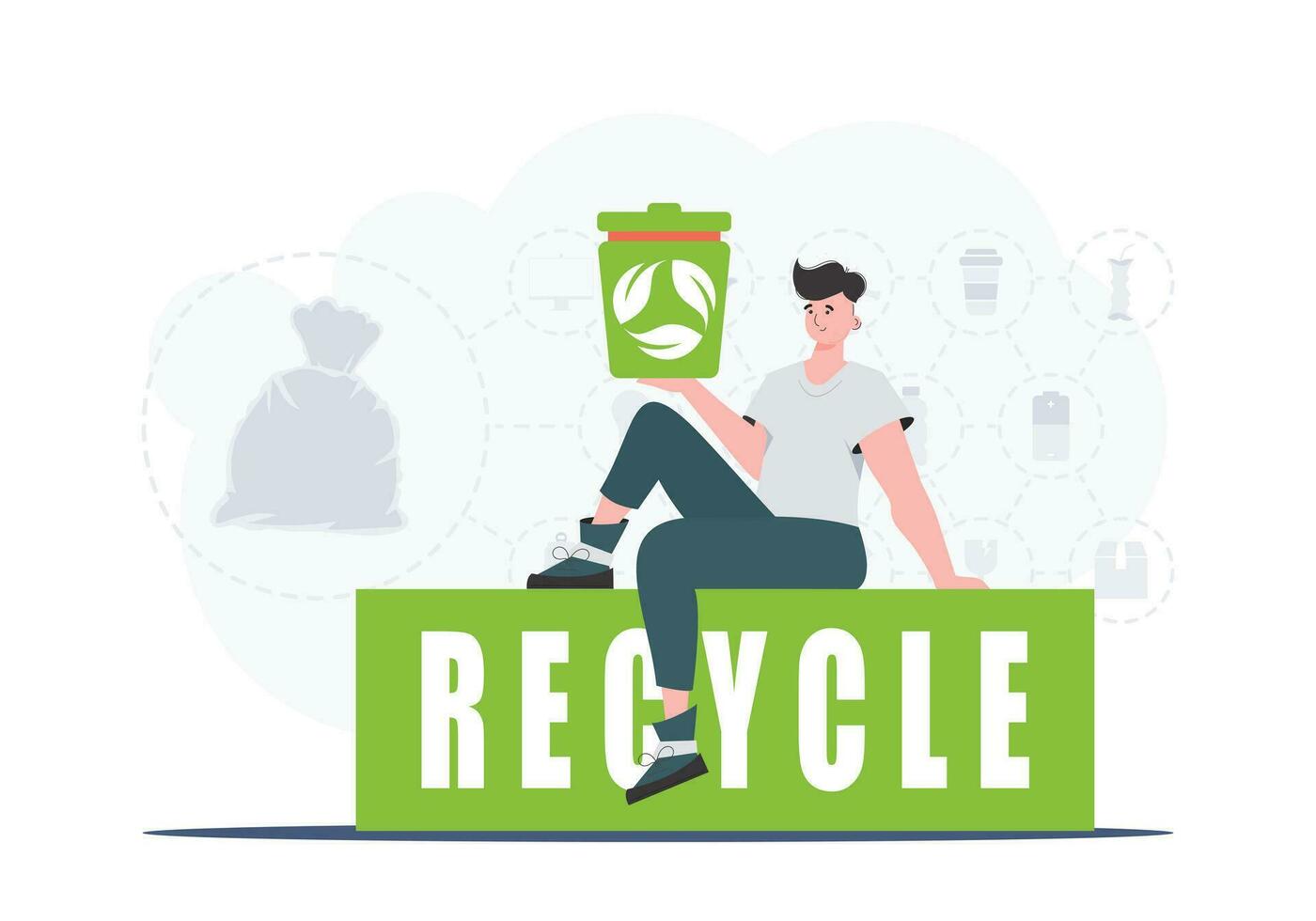 The guy sits and holds a trash can in his hand. The concept of ecology and recycling. Trendy character style. Vetcor. vector
