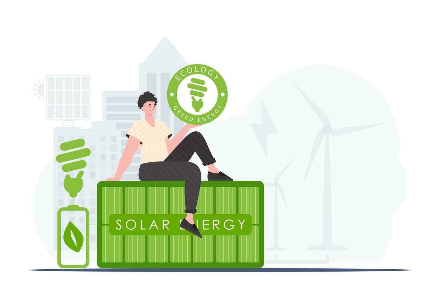 The concept of ecology and green energy. The guy sits on the solar panel and holds the ECO logo in his hands. Fashionable, trendy style. Vector. vector