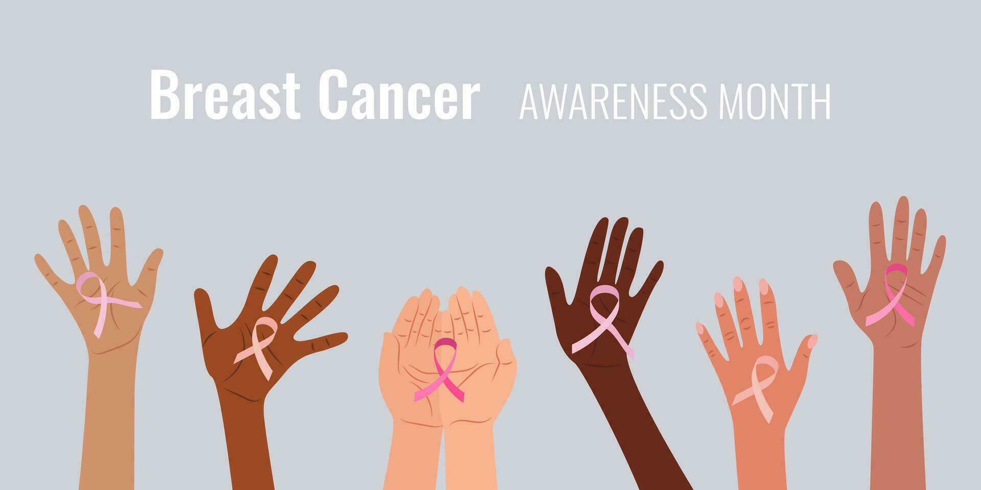 Breast cancer awareness and prevention concept, multiethnic female hands holding pink ribbon symbol to support and fight for health. Flat vector illustration. Simple web banner.