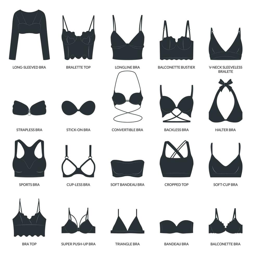 Types of bras. Big vector collection of lingerie. Set of underwear