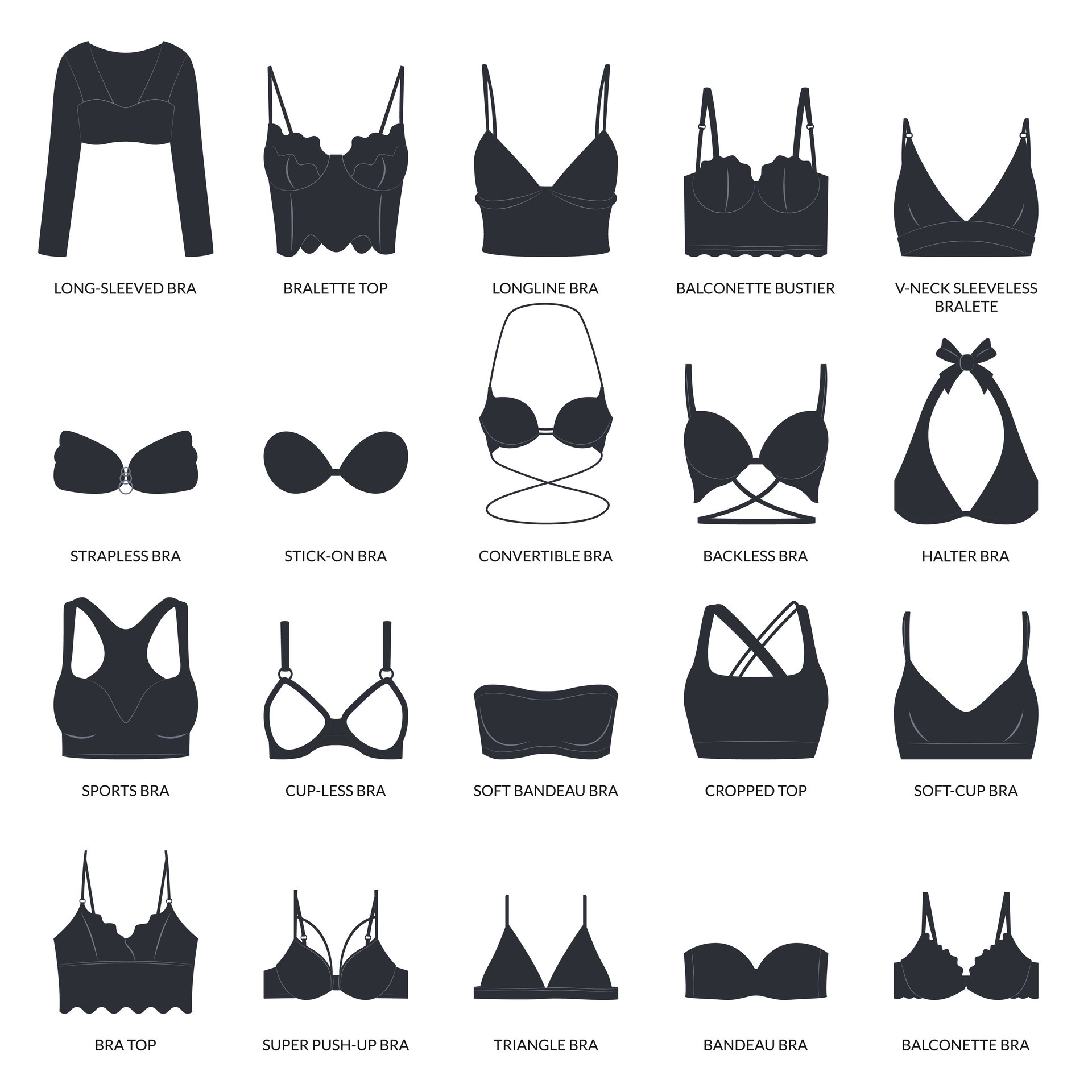 Types of bras. Big vector collection of lingerie. Set of underwear,  balconette, strapless, unlined, super push-up, soft-cup, longline, sports  and triangle bra. Set of isolated black icons with bras. 28659007 Vector Art