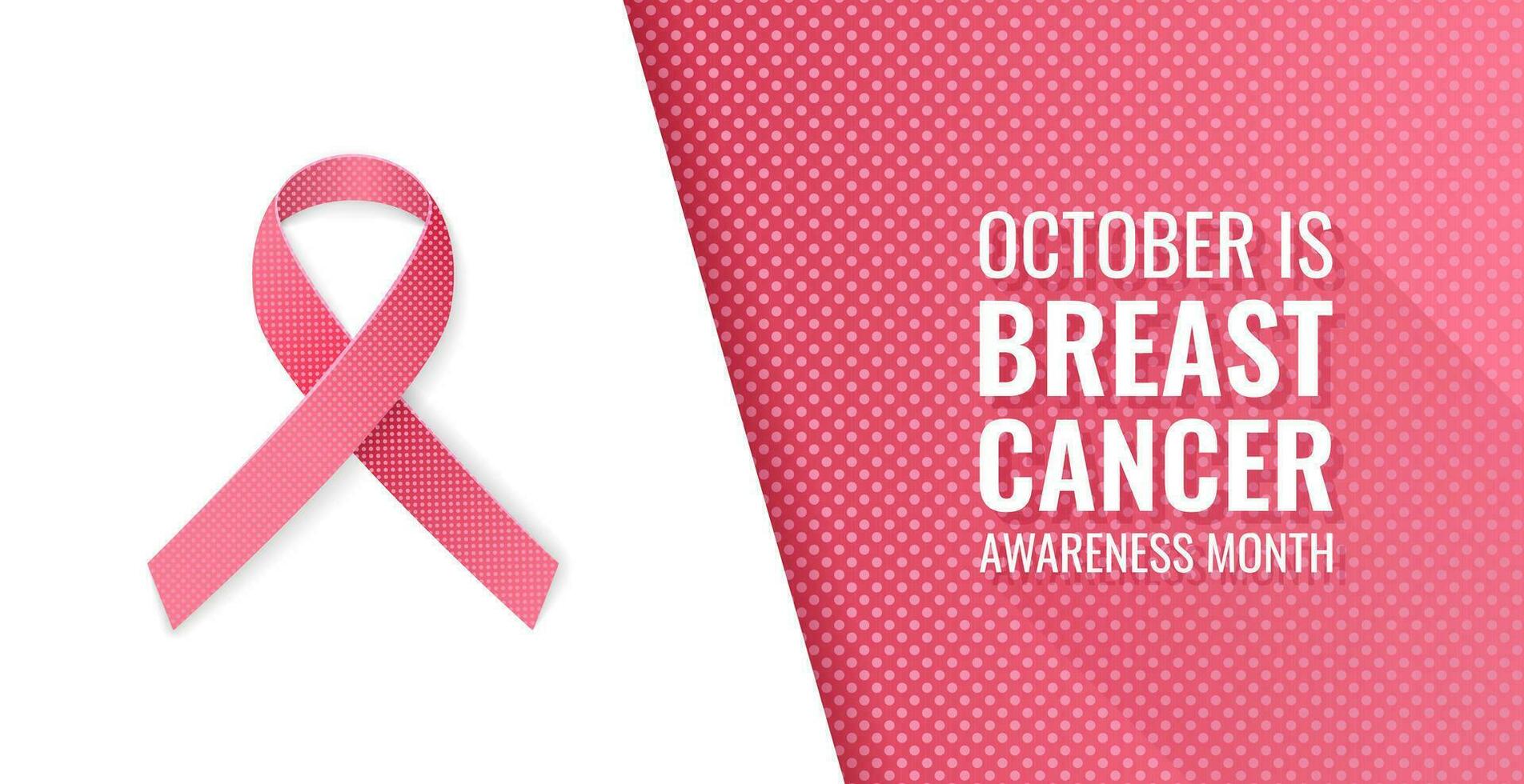 Realistic pink ribbon with shadow isolated on background. Symbol of international breast cancer awareness month in October. Vector art. Modern web banner with ribbon sign and polka dot pattern.