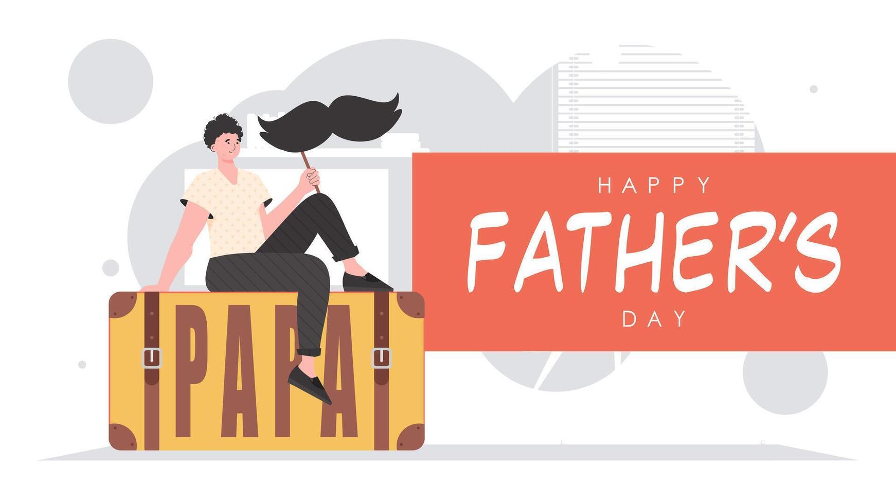Father's day banner. A man holds a mustache on a stick. Trendy cartoon style. illustration. vector