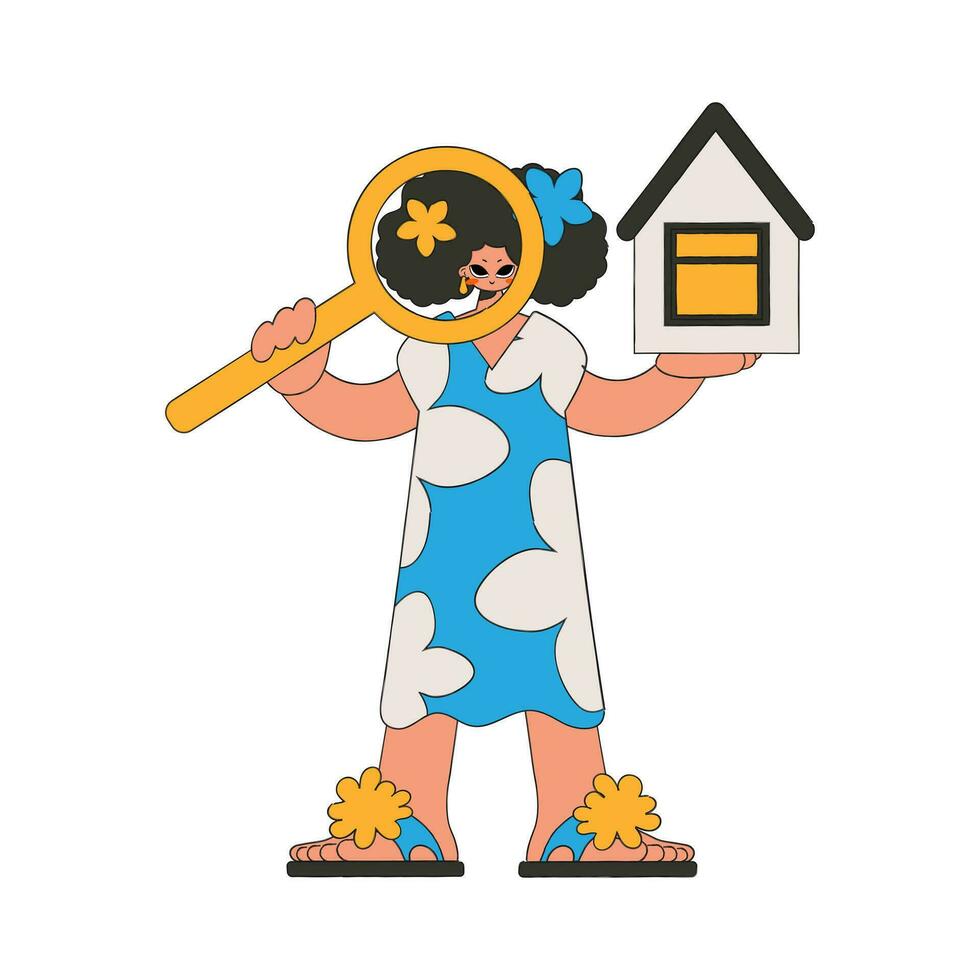 A woman realtor is holding a house and a magnifying glass. Home ownership. vector