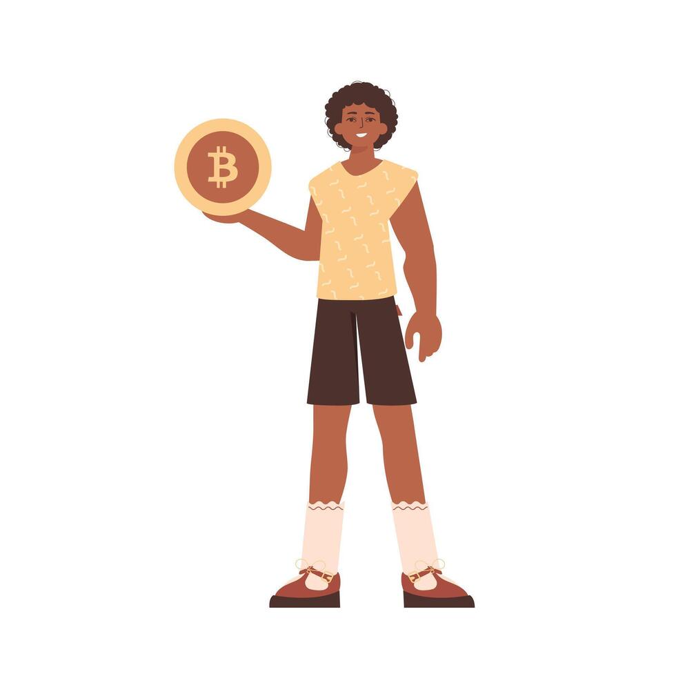 hombre participación bitcoin moneda en su manos. personaje en de moda estilo. vector