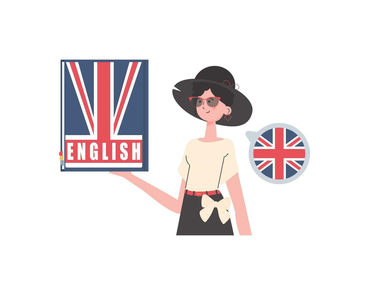 un mujer sostiene un Inglés diccionario en su manos. el concepto de aprendizaje inglés. aislado. de moda dibujos animados estilo. vector ilustración.