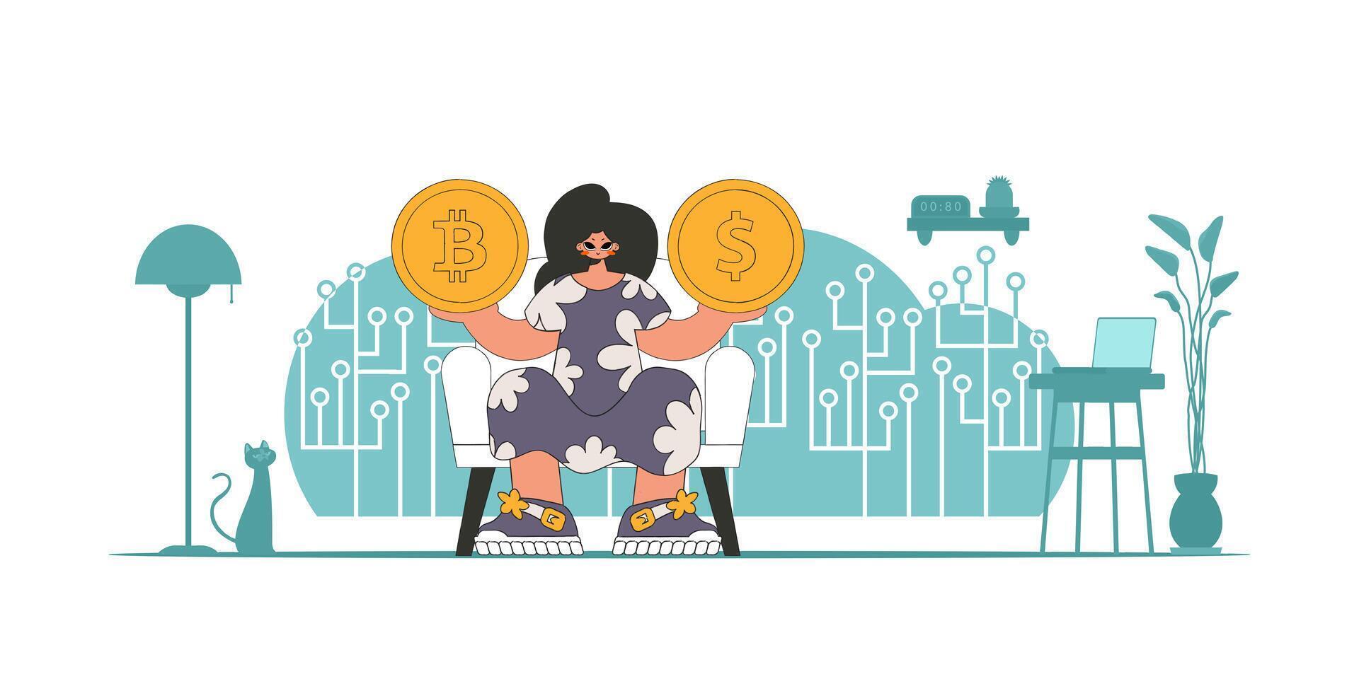 The girl is holding a dollar and bitcoin coin. Theme of interaction with digital monetary assets. vector