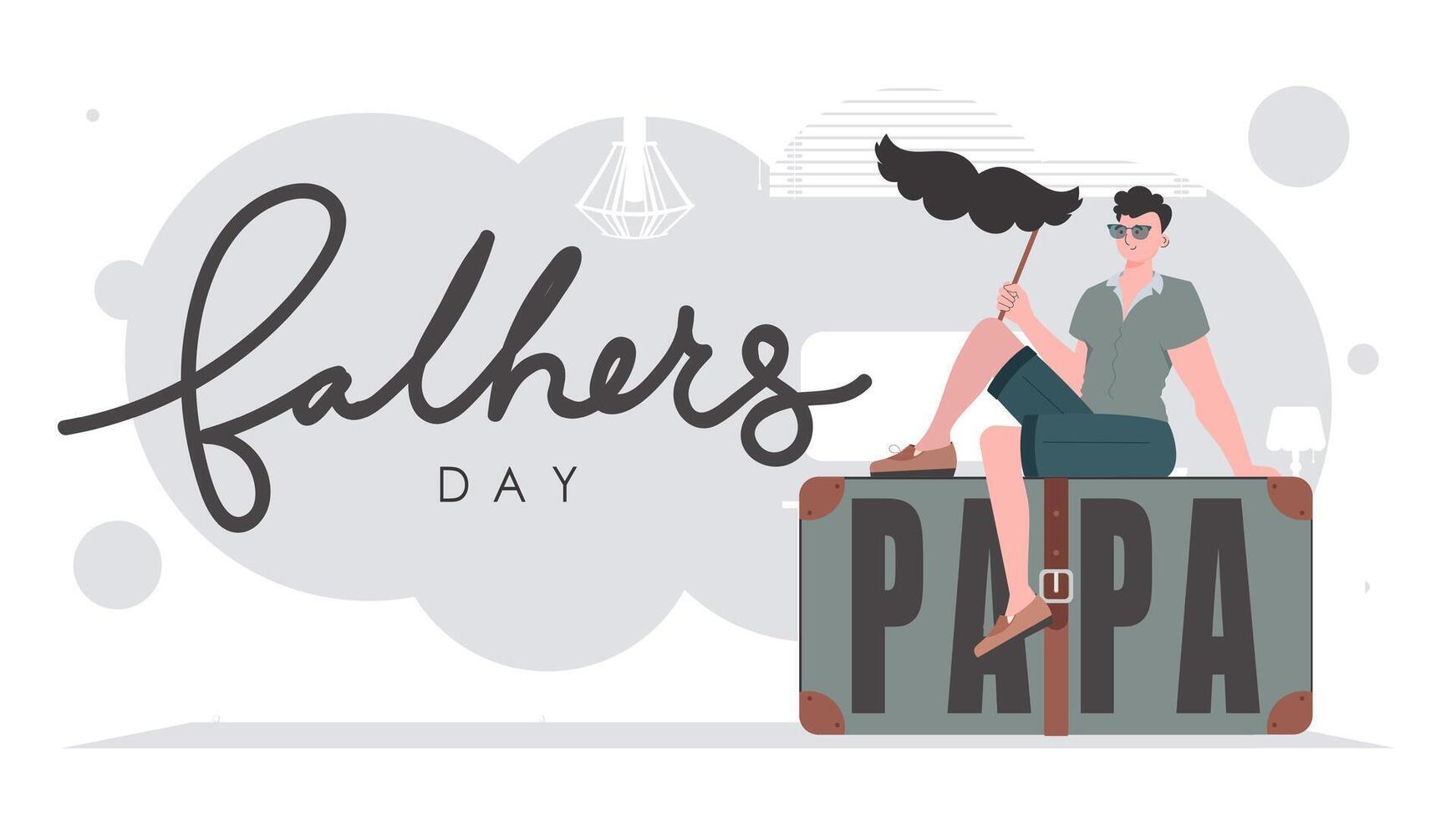 Father's day poster. The guy is holding his mustache on a stick. Trendy cartoon style. . vector
