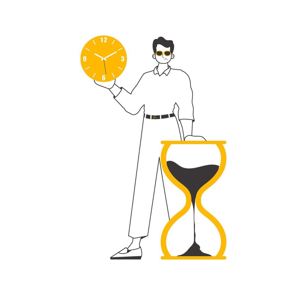The guy is holding a watch. Time management concept. Minimalistic linear style. Isolated. Vector illustration.