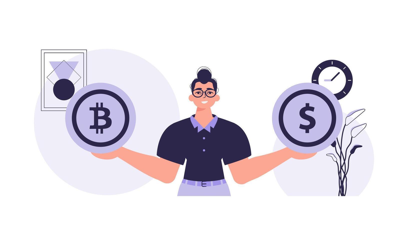 The concept of mining and extraction of bitcoin. A man holds a bitcoin and a dollar in the form of coins in his hands. Character in modern trendy style. vector