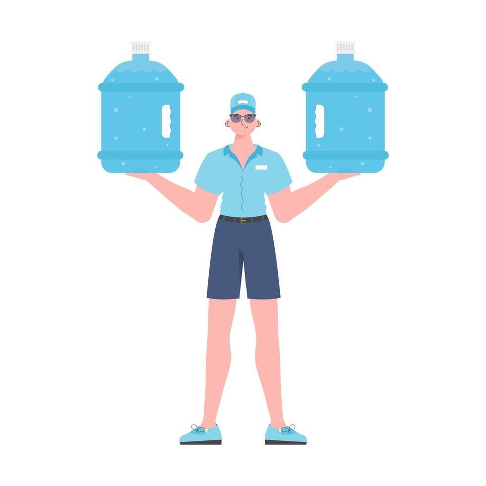 A man is holding a bottle of water. Delivery concept. Cartoon style character depicted in full growth. Isolated on white background. Vector. vector