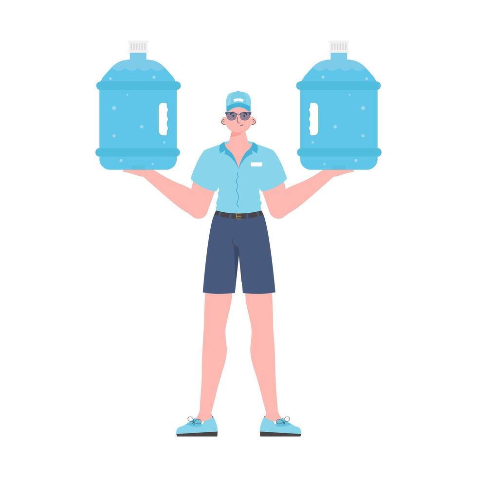 un hombre es participación un botella de agua. entrega concepto. dibujos animados estilo personaje representado en lleno crecimiento. aislado en blanco antecedentes. vector. vector