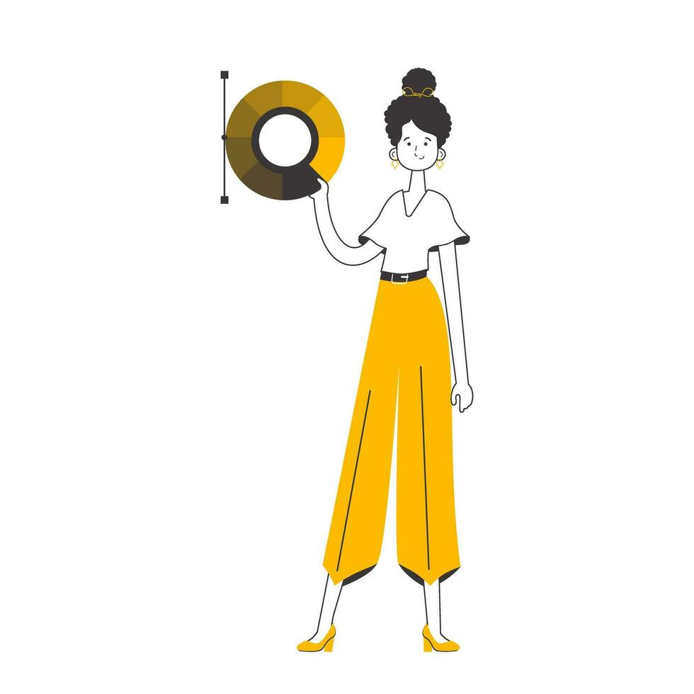 Girl designer holds a color wheel in her hands. Lines modern style. Isolated. Vector. vector