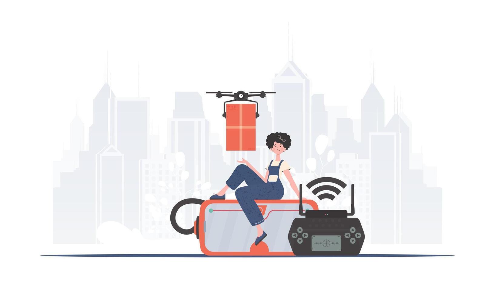A woman controls a quadcopter with a parcel. Delivery concept. Flat modern design. . vector