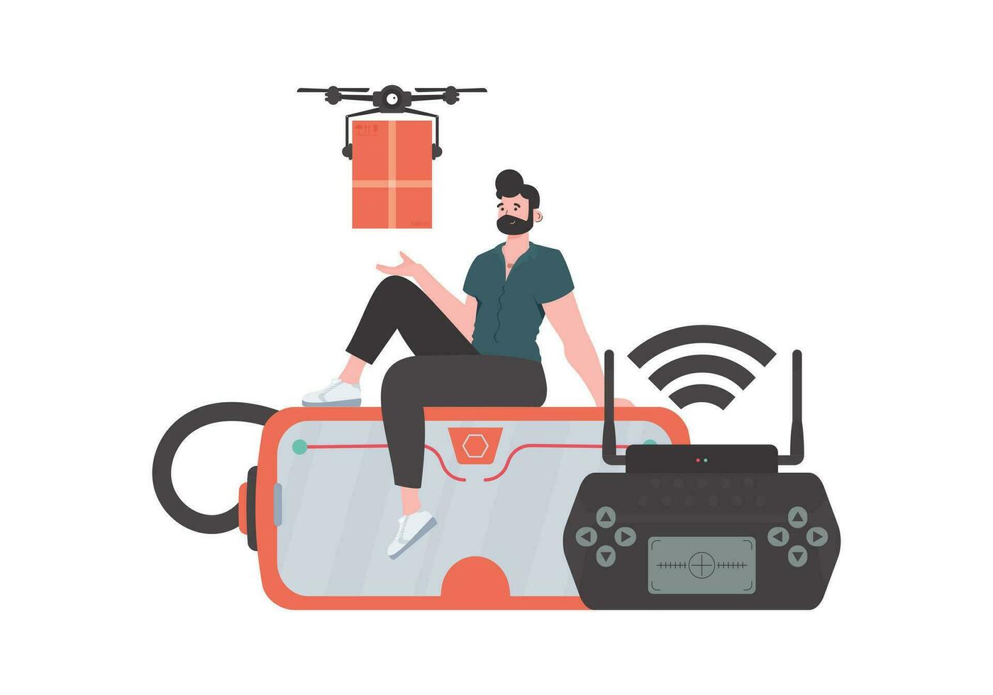 The concept of cargo delivery by air. A man controls a quadcopter with a package. Isolated on white background. Flat modern design. Vector. vector