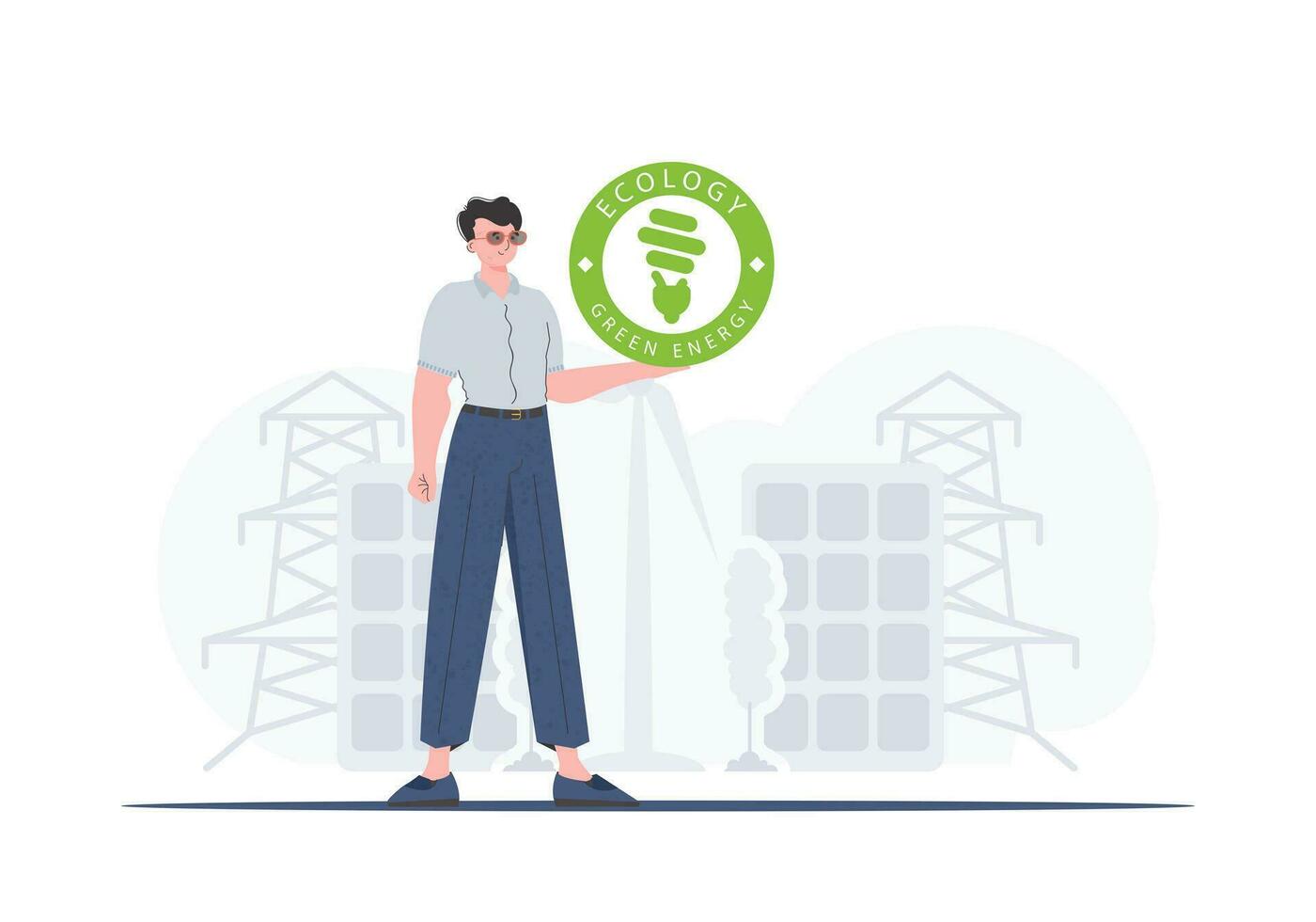 The concept of ecology and green energy. A man holds the ECO logo in his hands. Vector trend illustration.