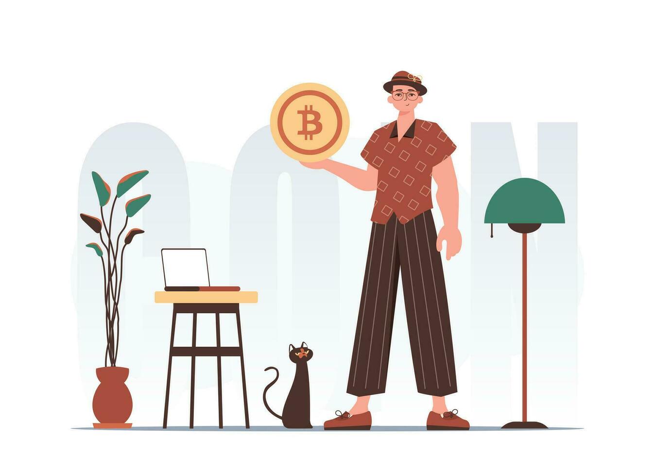 Bitcoin mining concept. A man holds a bitcoin in his hands. Character in trendy style. vector