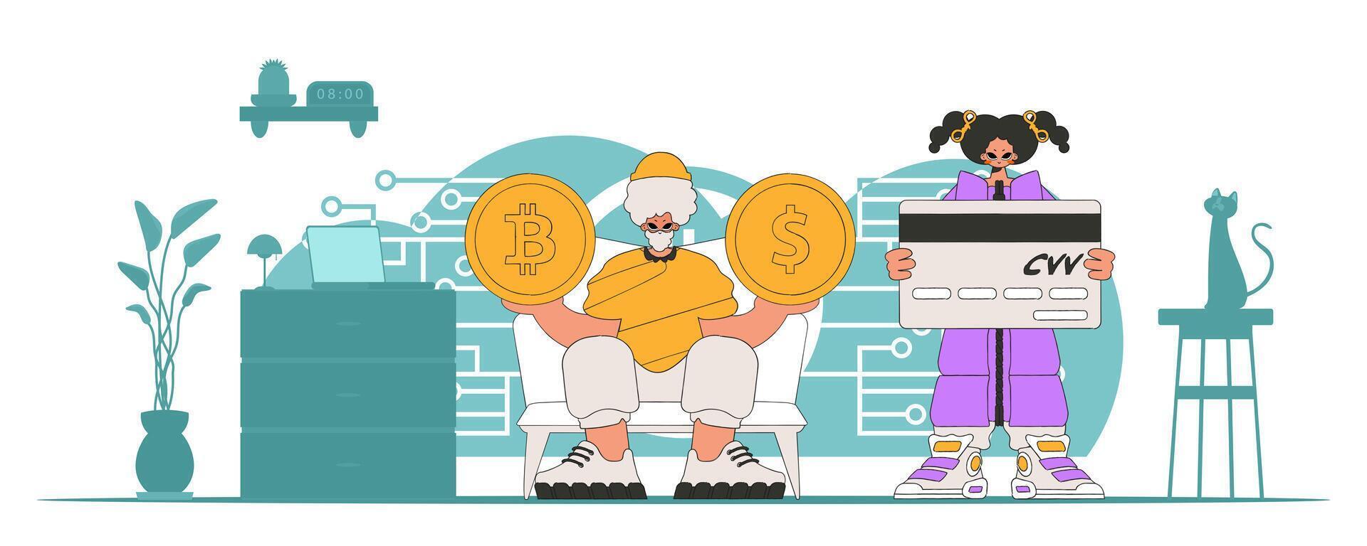 Digital money management theme. People interact with bitcoin. vector
