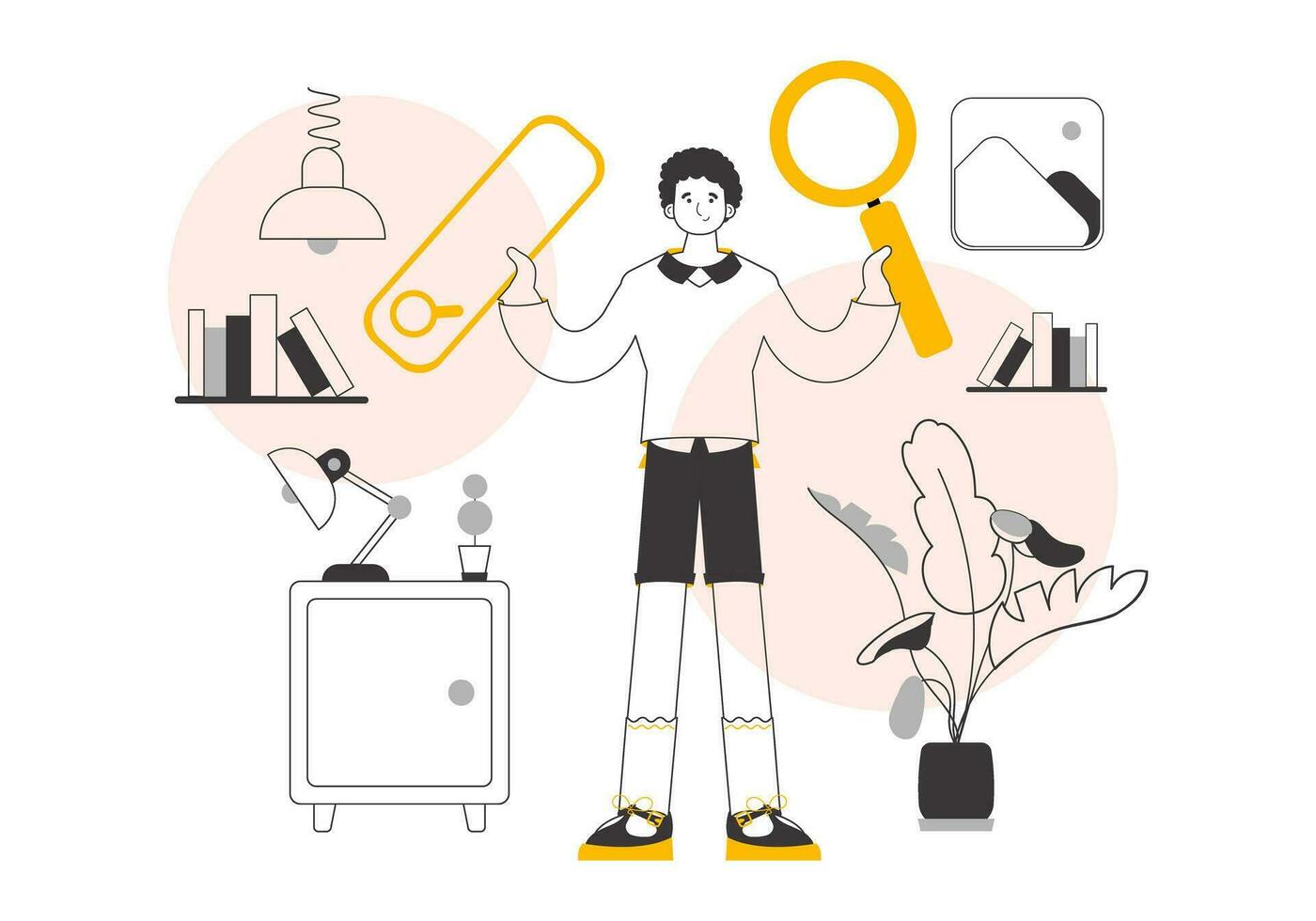 A man holds a magnifying glass in his hands. Search concept. Line art style. Vector. vector