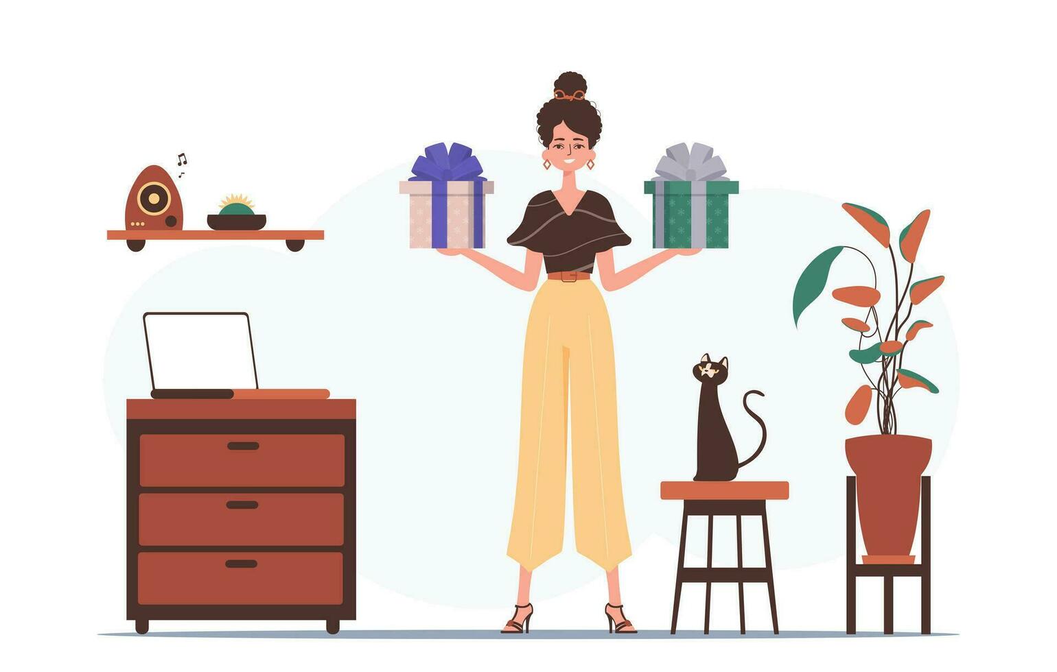 regalo concepto para Navidad o nuevo año. el mujer es participación un regalo. vector