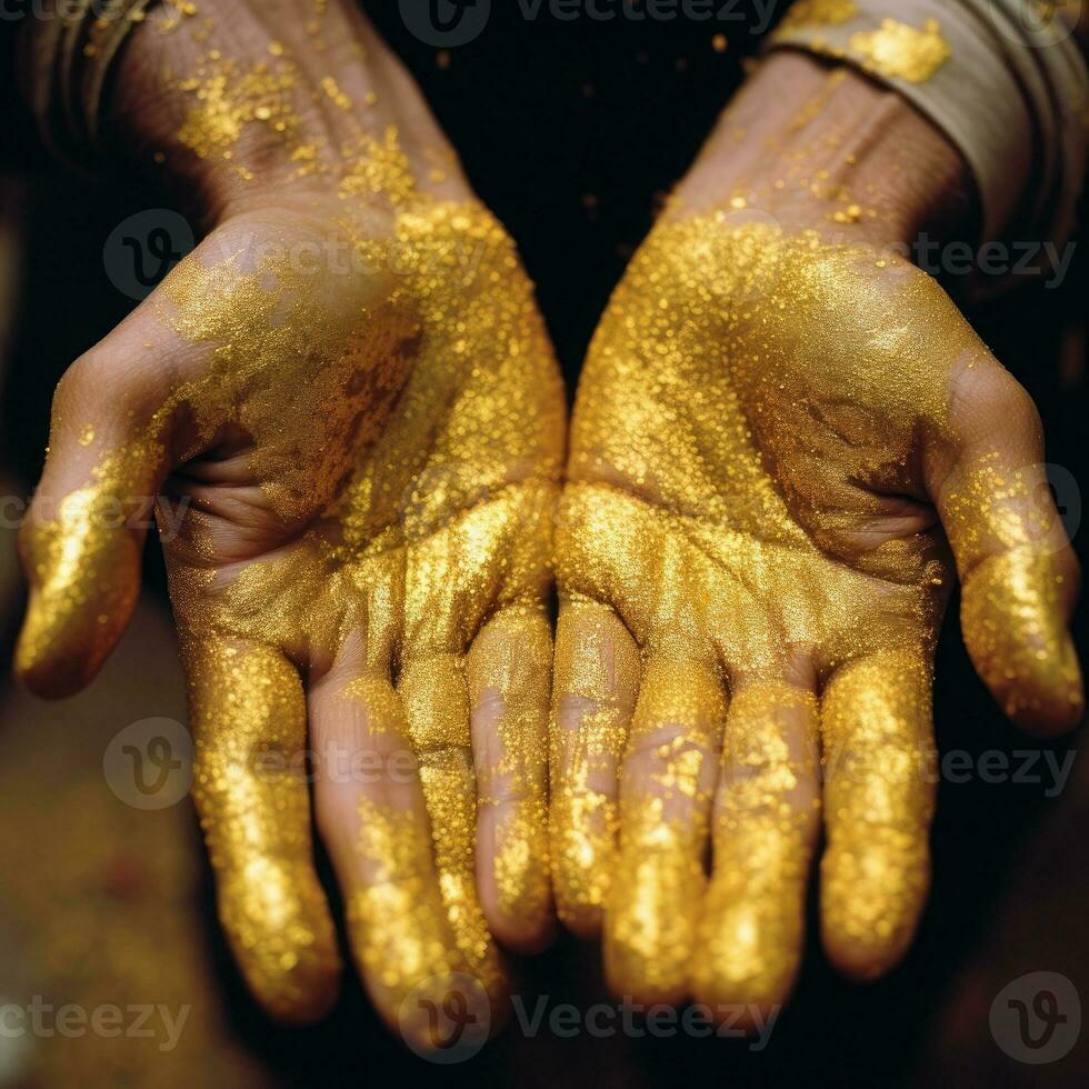 Hands dipped in gold glitter, drenched in gold gitter, AI Generated photo