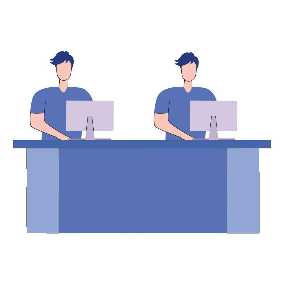 Two young man working on computer Business people sitting at office desk. Flat design vector illustration.