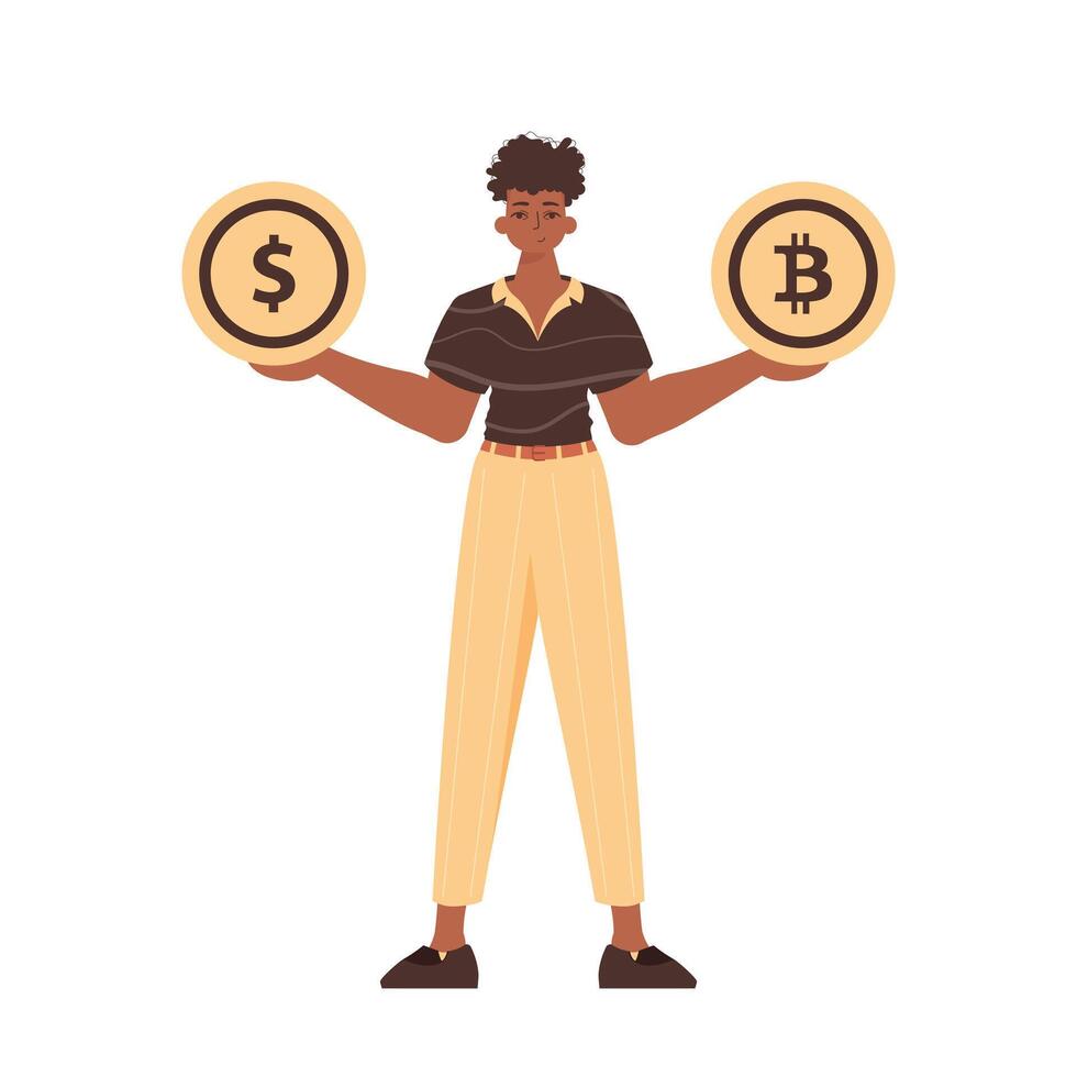 The guy holds in his hands bitcoin and dollar in the form of coins. Character in trendy style. vector