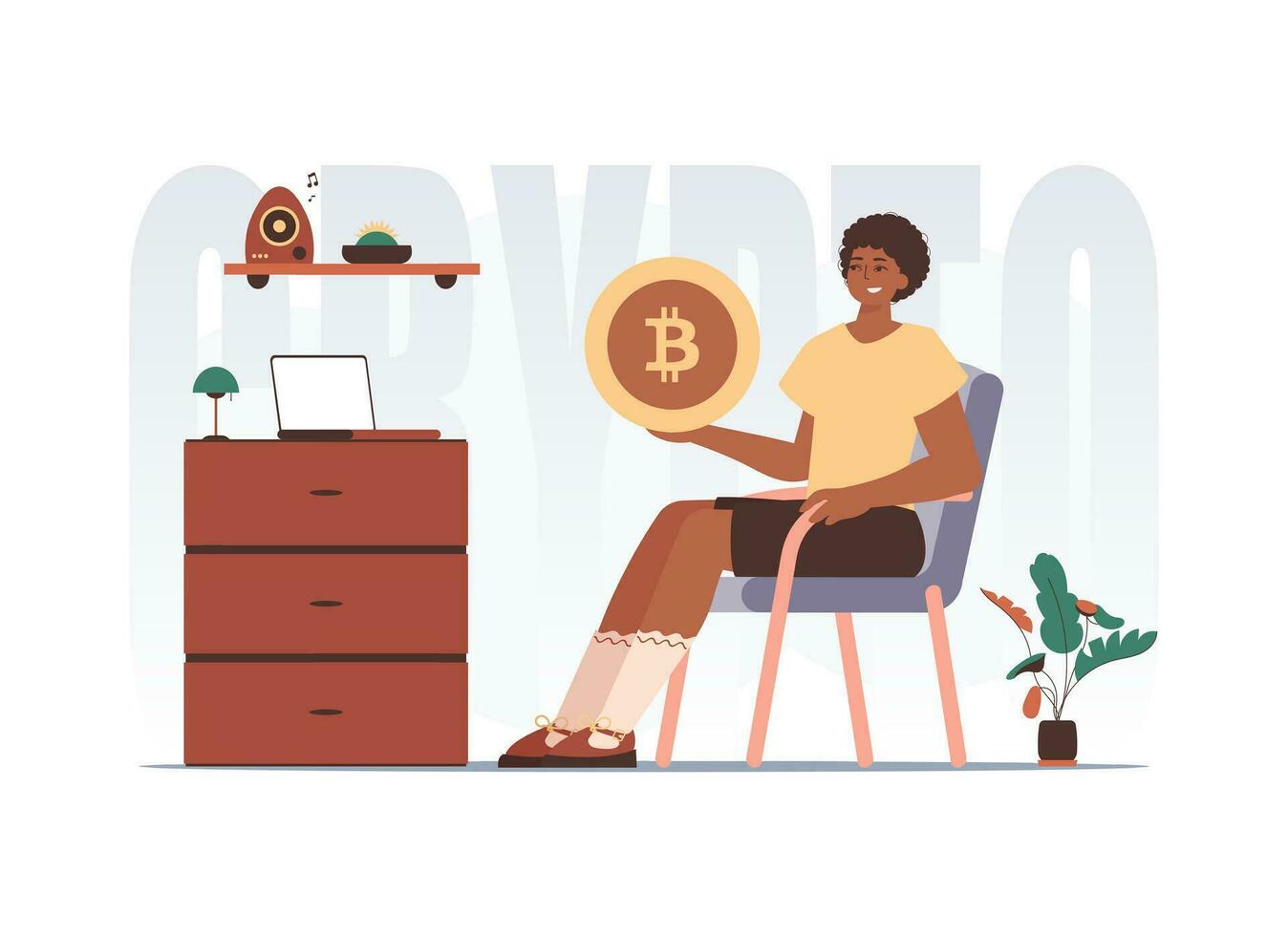 The concept of mining and extraction of bitcoin. The guy sits in a chair and holds a bitcoin in the form of a coin in his hands. Character in trendy style. vector