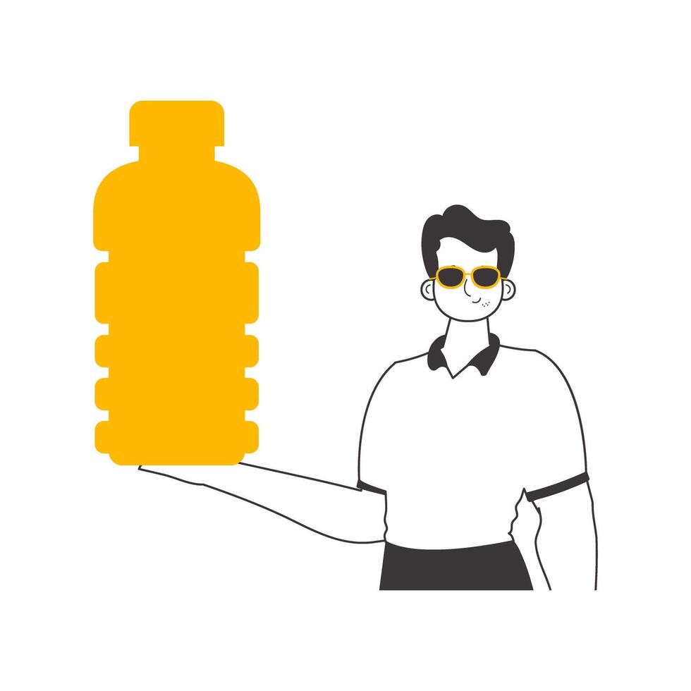 The man is holding a bottle in his hand. Lineart style. Isolated on white background. Vector illustration.