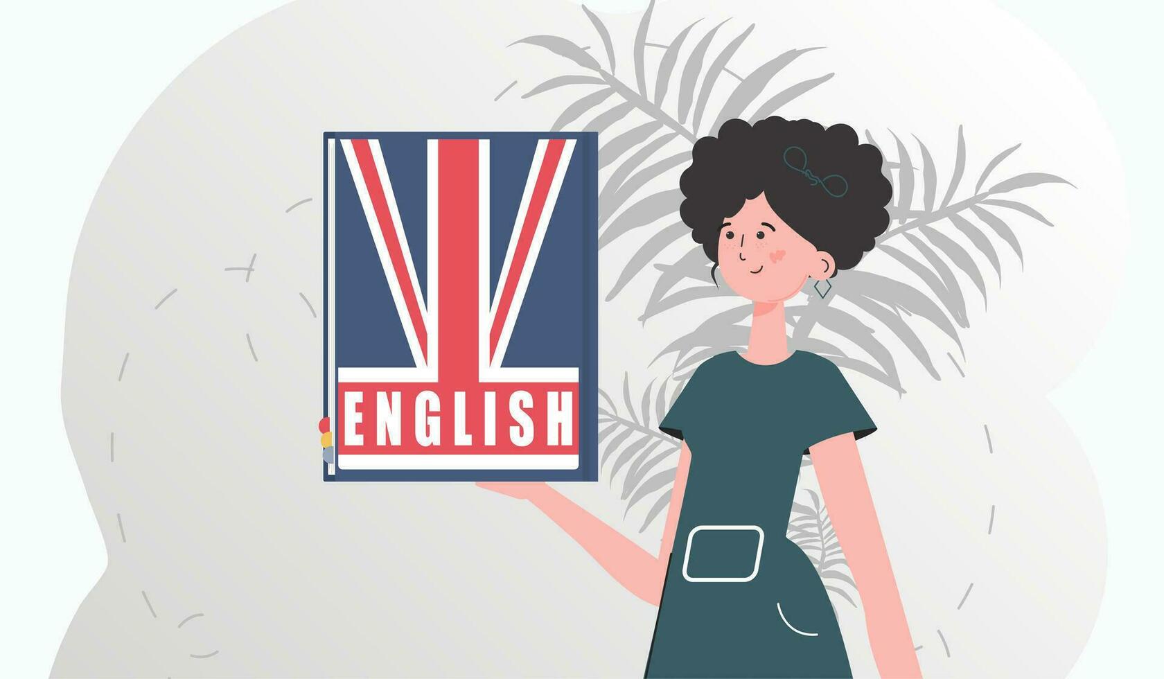 el concepto de enseñando inglés. un mujer sostiene un Inglés diccionario en su manos. de moda estilo. vector. vector