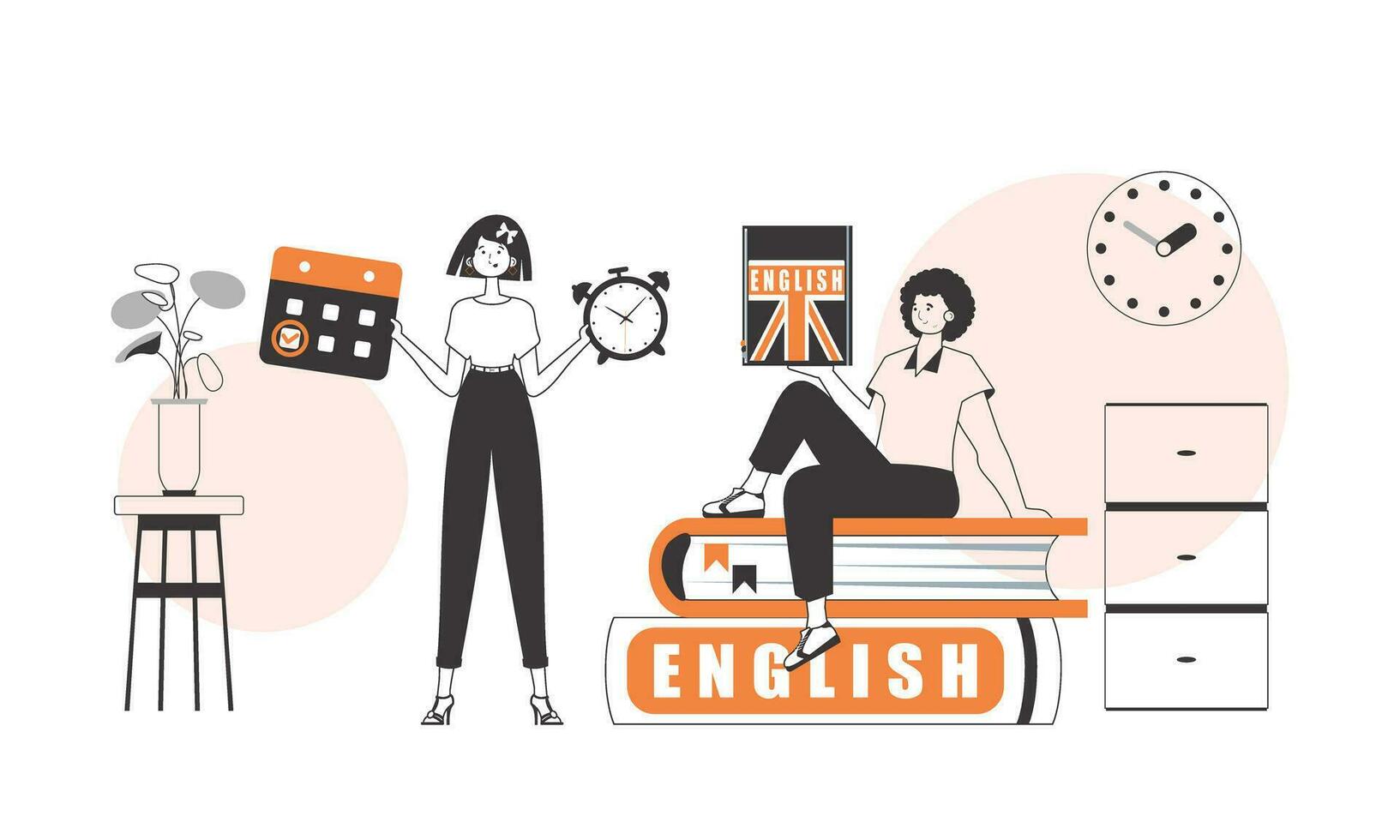 Girl and guy English teacher. The concept of learning a foreign language. Linear style. vector