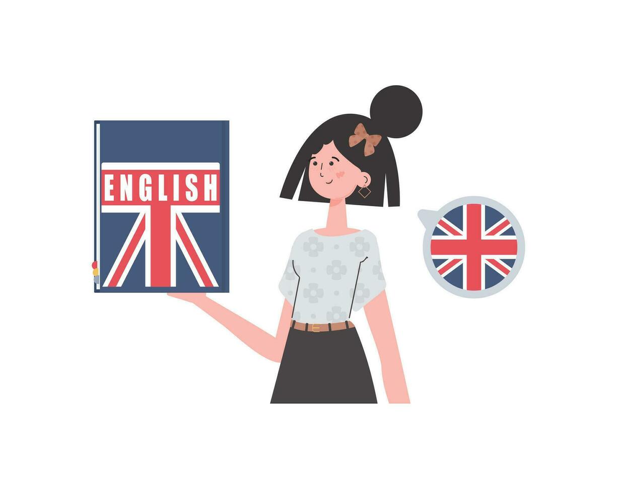 un mujer sostiene un Inglés diccionario en su manos. el concepto de aprendizaje inglés. aislado. de moda dibujos animados estilo. vector. vector