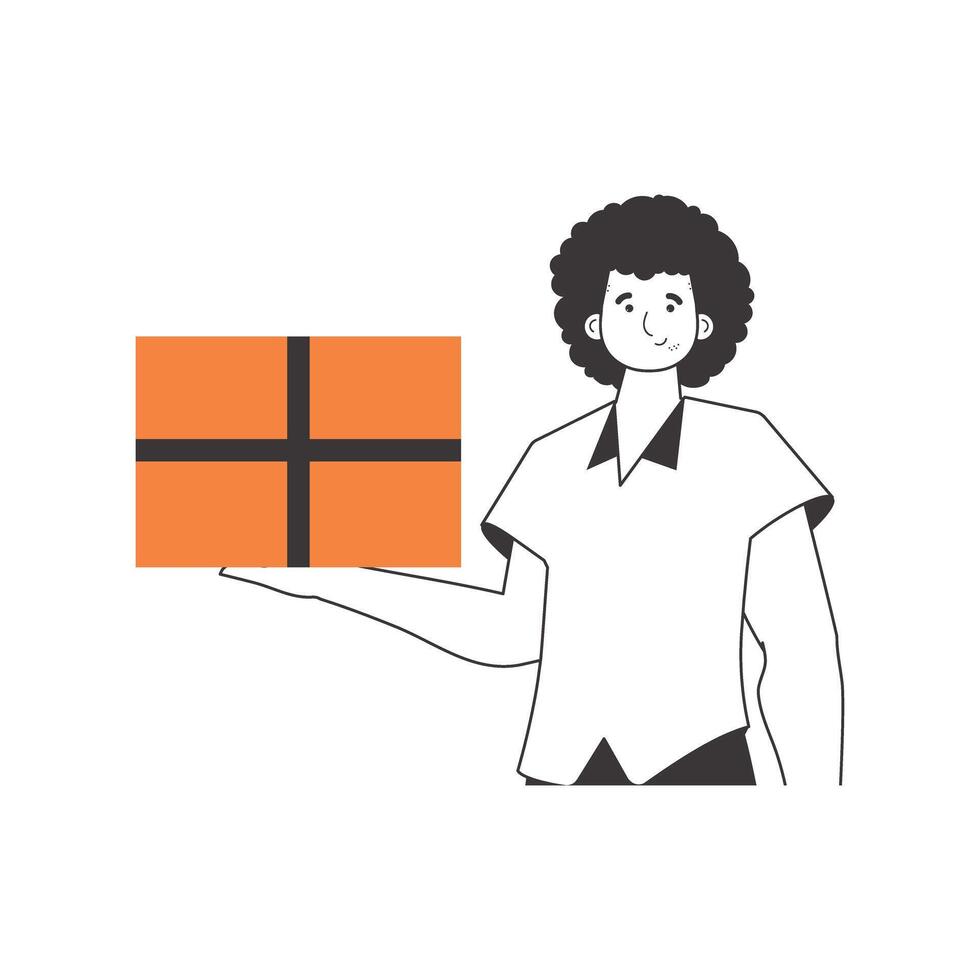 The man is holding a parcel. Delivery concept. Linear modern style. Isolated on white background. illustration. vector