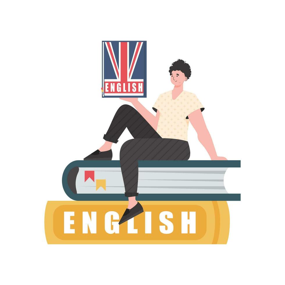 un hombre se sienta en libros y sostiene un Inglés diccionario en su manos. el concepto de aprendizaje inglés. aislado. de moda plano estilo. vector. vector