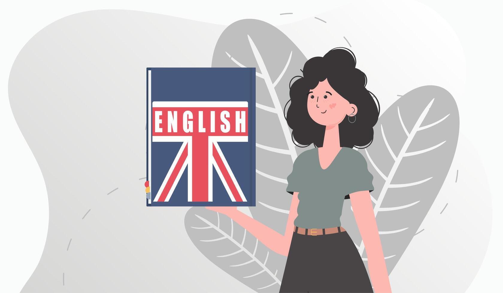The concept of learning English. A woman holds an English dictionary in her hands. Trendy flat style. . vector