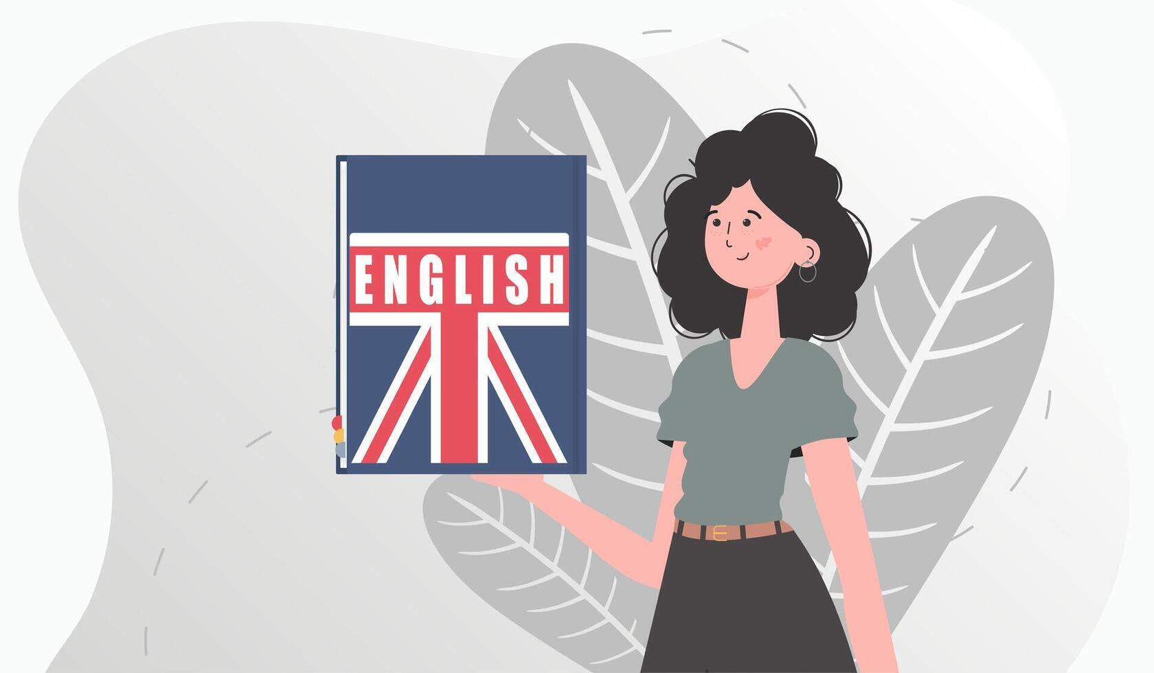 The concept of learning English. A woman holds an English dictionary in her hands. Trendy flat style. Vector. vector