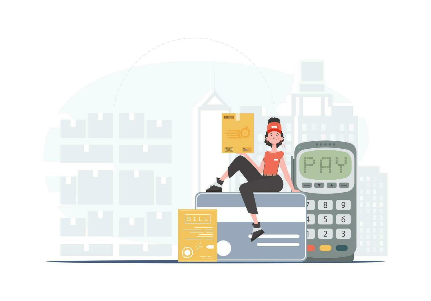 Delivery concept. A woman courier sits on a bank card and holds a parcel. trendy style. Vector. vector