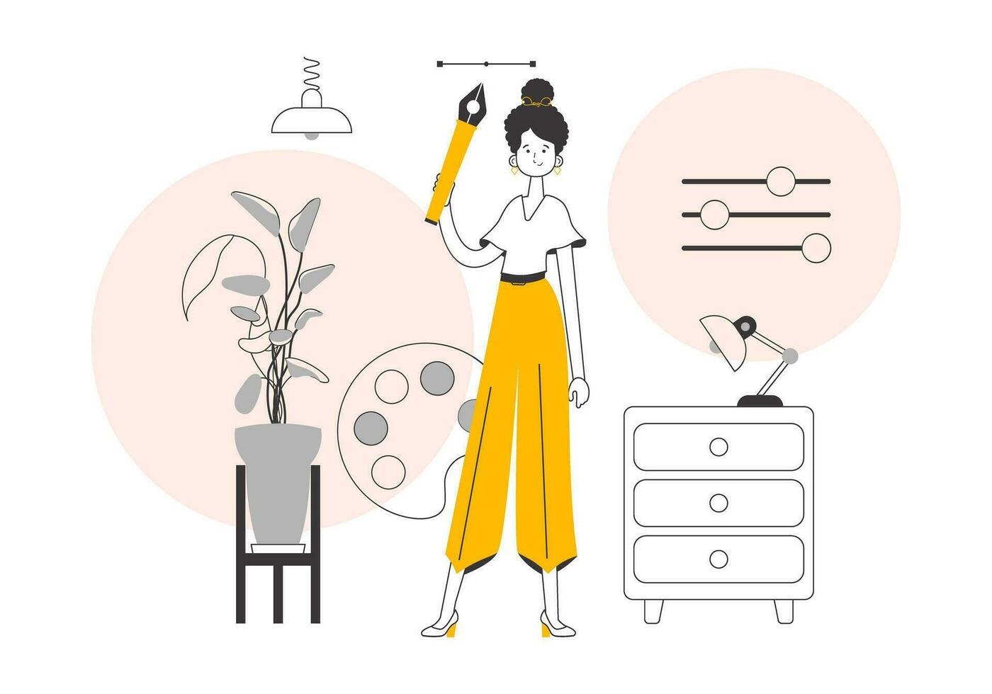 The girl designer holds a pen tool for 2D graphics in her hand. Lines modern style. Vector. vector
