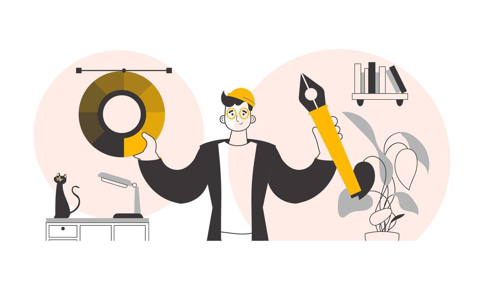 The designer guy holds a color wheel in his hands. Linear trendy style. . vector