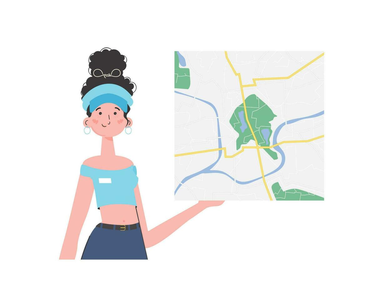 The girl is holding a map. Cartoon style character is depicted to the waist. Isolated. Vector illustration.