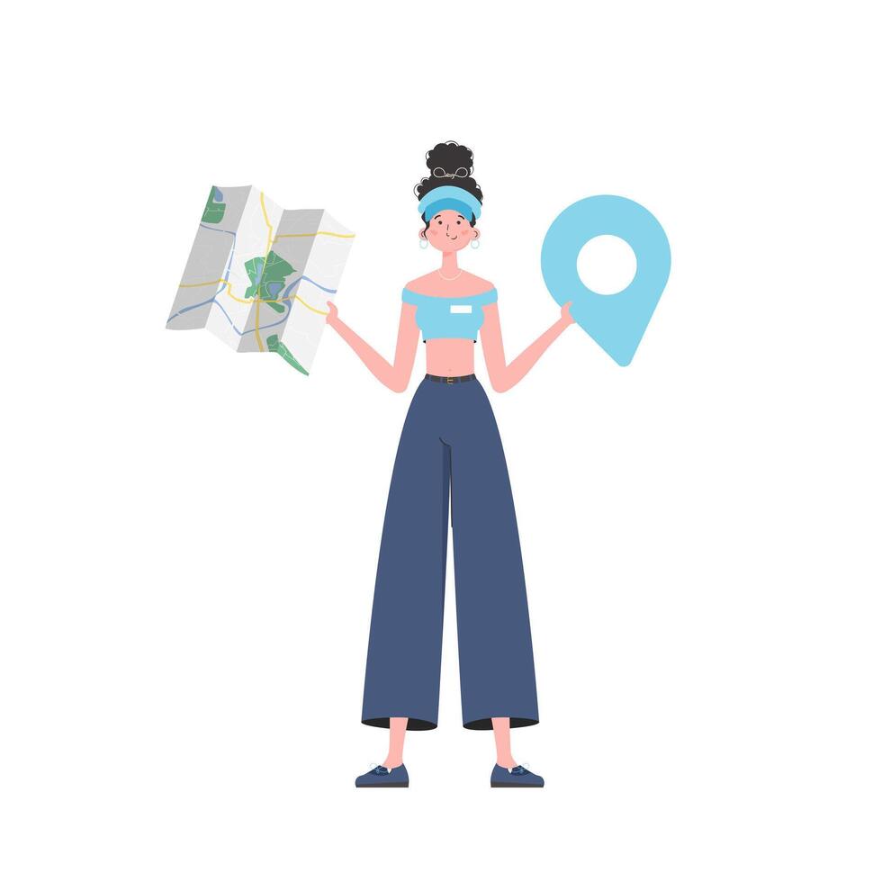 Girl water delivery operator holding a map. Stylish character is depicted in full growth. Isolated. . vector