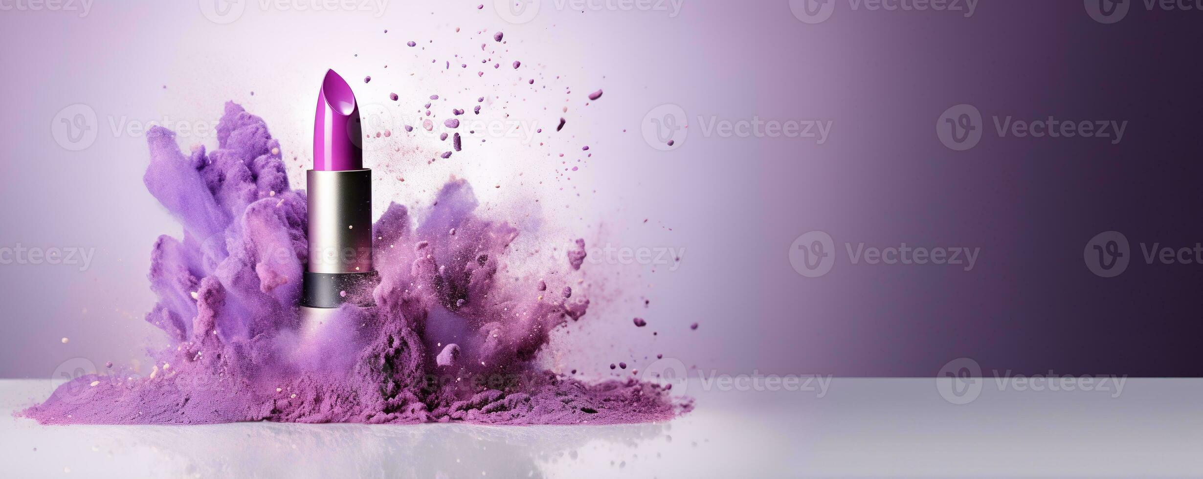 Generative AI, Purple lipstick, powder splashes and smoke on purple background. photo